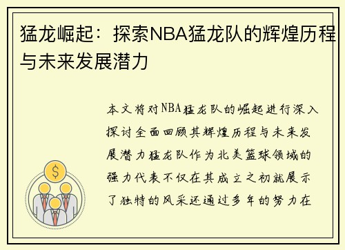 猛龙崛起：探索NBA猛龙队的辉煌历程与未来发展潜力